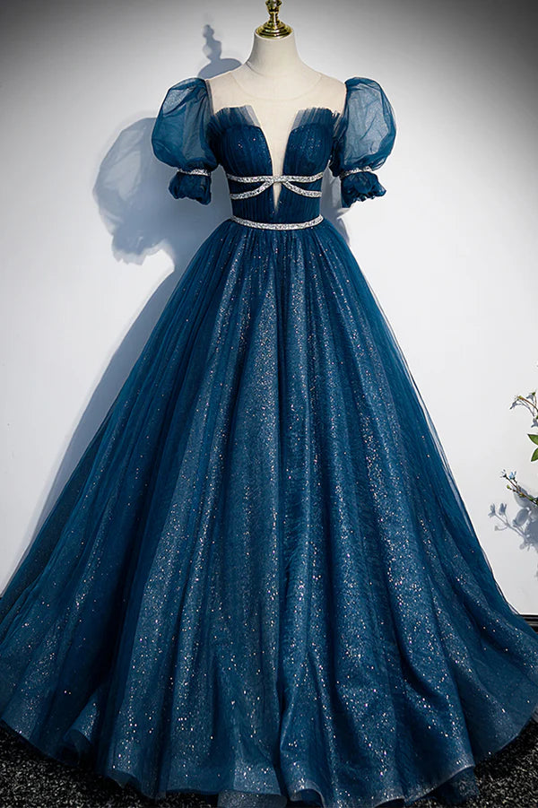 Blue Tulle Long A-Line Prom Dress A-Line Short Sleeve Evening Dress